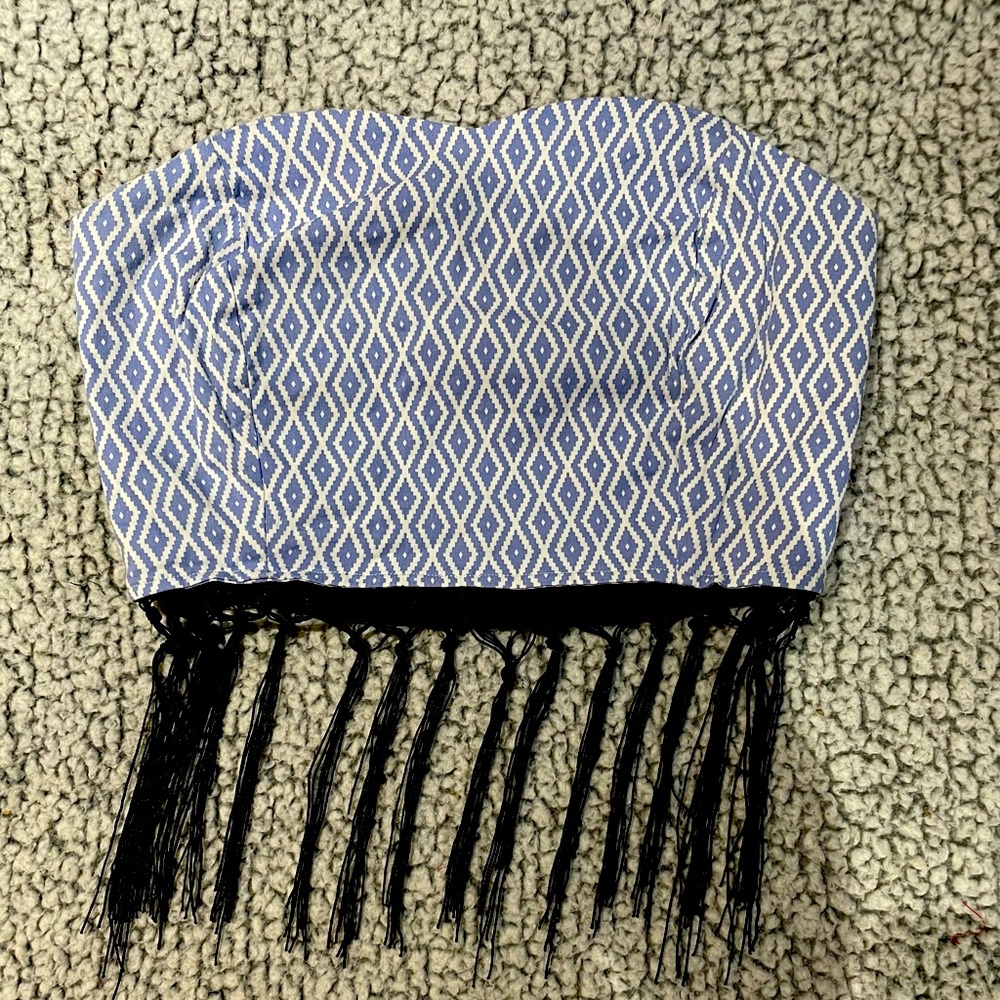 Blue and white tube top with black fringe